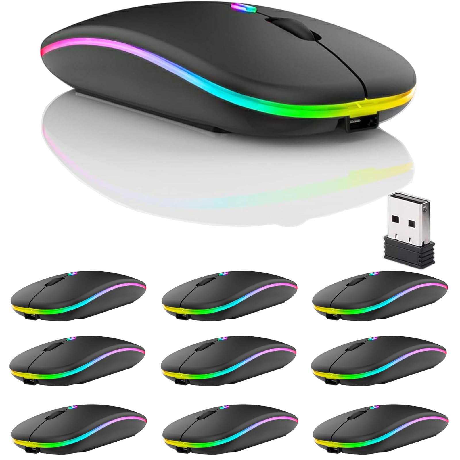 10 Pack Wireless Bluetooth Mouse,LED Dual Mode Rechargeable Silent Slim Laptop Mouse,Portable(BT5.2+USB Receiver) Dual Mode Computer Mice,for Laptop,