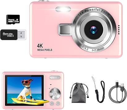 كاميرا رقمية، تسجيل فيديو بدقة 4K، 50 مليون بكسل، كاميرا رقمية، 32 جيجابايت، بطاقة Micro SD متضمنة، تركيز تلقائي للتركيز البؤري التلقائي، كاميرا مدمجة، شاشة كبيرة مقاس 2.7 بوصة، تكبير 16x، فلاش، تثبيت الصورة