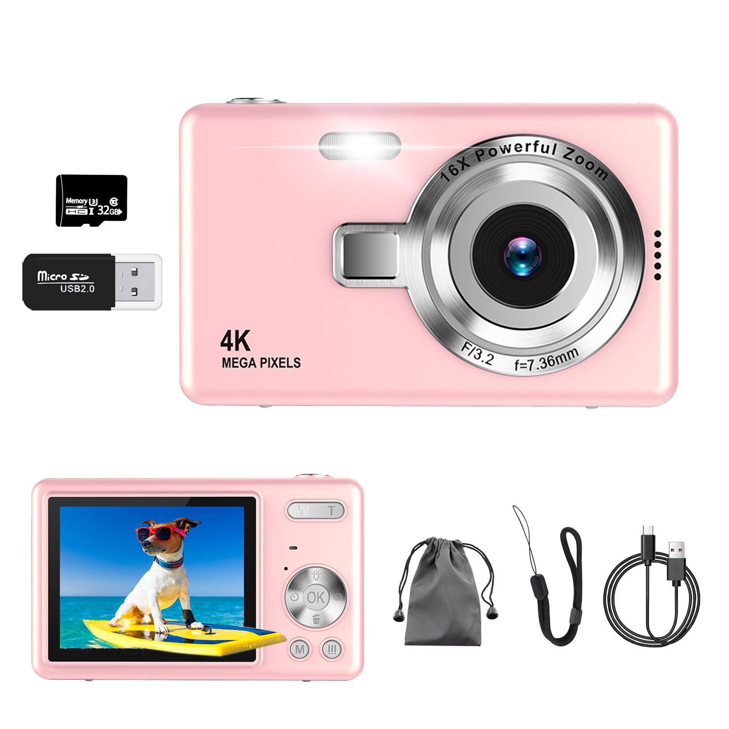 デジカメ【4K動画撮影、5000万画素】デジタルカメラ 32GB Micro SDカード付き AFオートフォーカス コンパクトカメラ 2.7インチの大画面 16倍ズーム フラッシュ 手振れ補正機能を備えています ウェブカメラ 充電式 大容量バッテリー 軽量 日本語の取扱説明書 学生 初心者にも最適です 修学旅行 (ピンク)