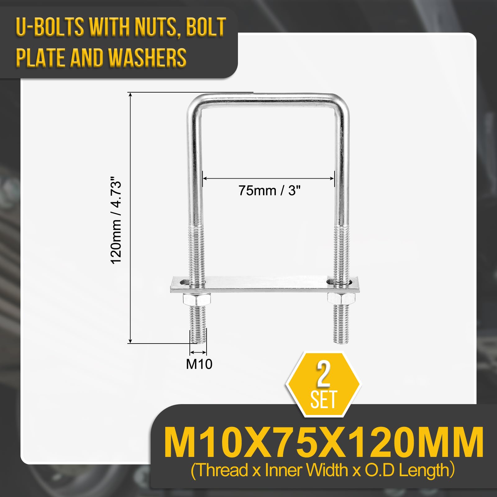 DTGN M10x75x120mm U Bolts Square Kit, 2Set, 304 Stainless Steel U-Bolt Kit with Nuts, Washers, Frame Plate - Image 2