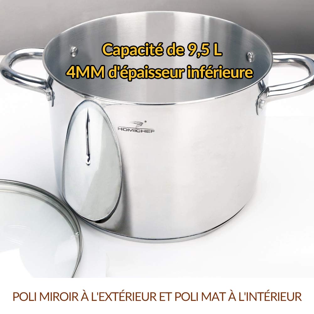 HOMICHEF Marmite 24,5 cm 9,5 litres avec couvercle en verre - Acier inoxydable sans nickel - Poignée - Poli miroir - Saine à induction