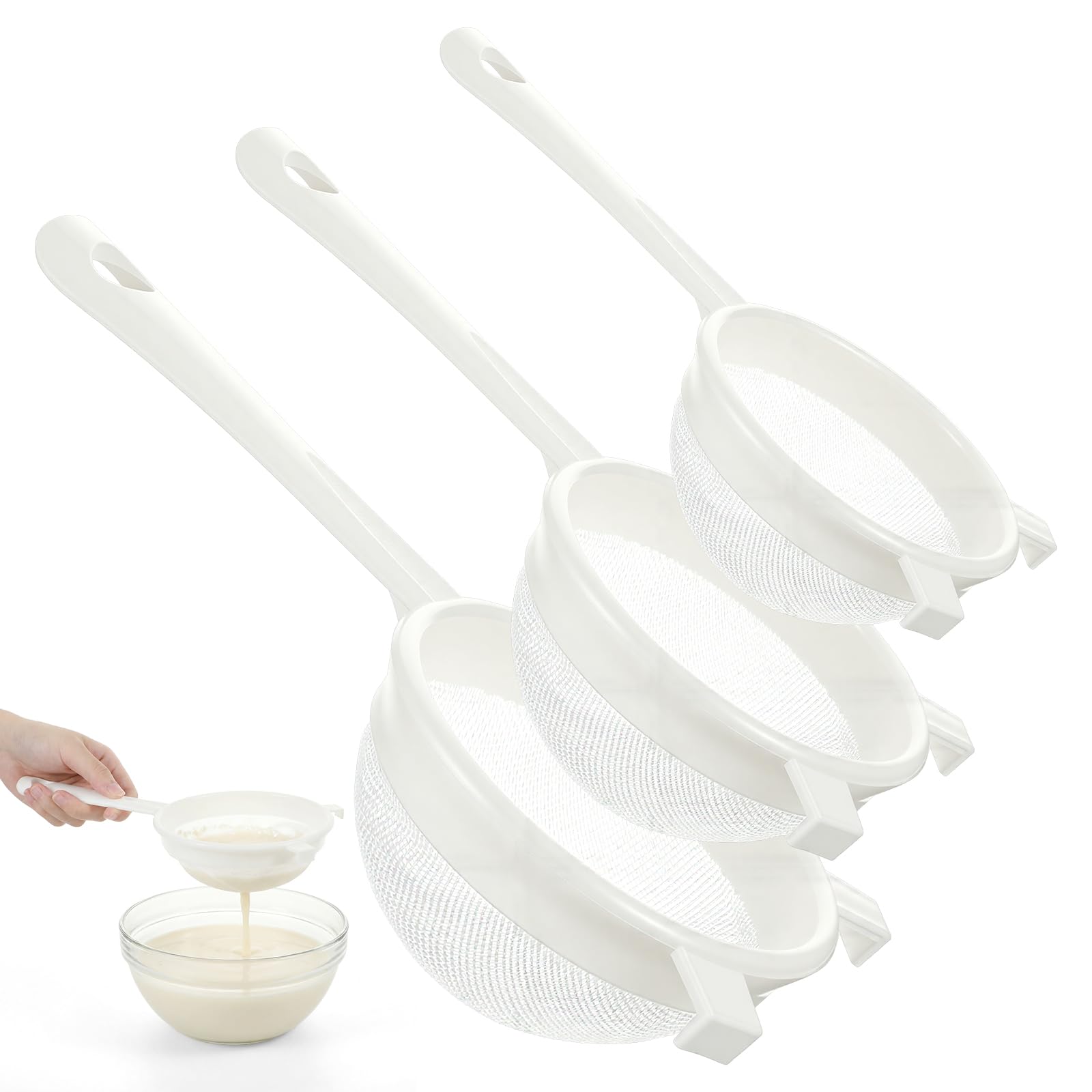 3PCS Plastic Nylon Strainer Set, 3 Sizes Ultra Fine Mesh Strainer for Juicing Kefir Grains Yogurt and More, Food-Grade Nylon Mesh Colander with Handle for DIY Crafts Baking Stuff