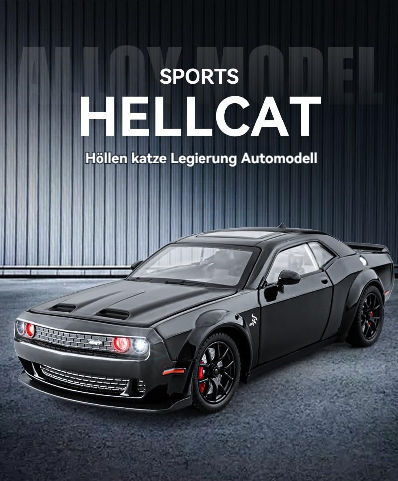 Image of Dodge Challenger SRT Hellcat 1:24 Diecast Car - Metal Model with Openable Doors, Sound & Light, Pull Back Action - Realistic Collectible Toy Car for Kids & Adults- Black