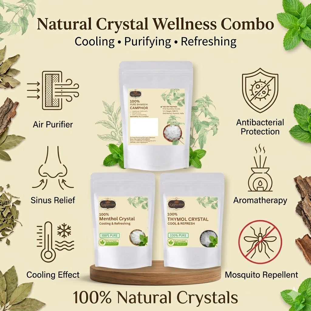 Kapuram Camphor,Menthol Crystal & Thymol CRYSTAL (KAPOOR,PEPPER MINT,AJWAIN PHOOL)| Combo 150gm (50+50+50) 2