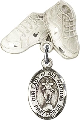 Sterling Silver Baby Badge with Our Lady of All Nations Charm and Baby Boots Pin 1 X 5/8 inches