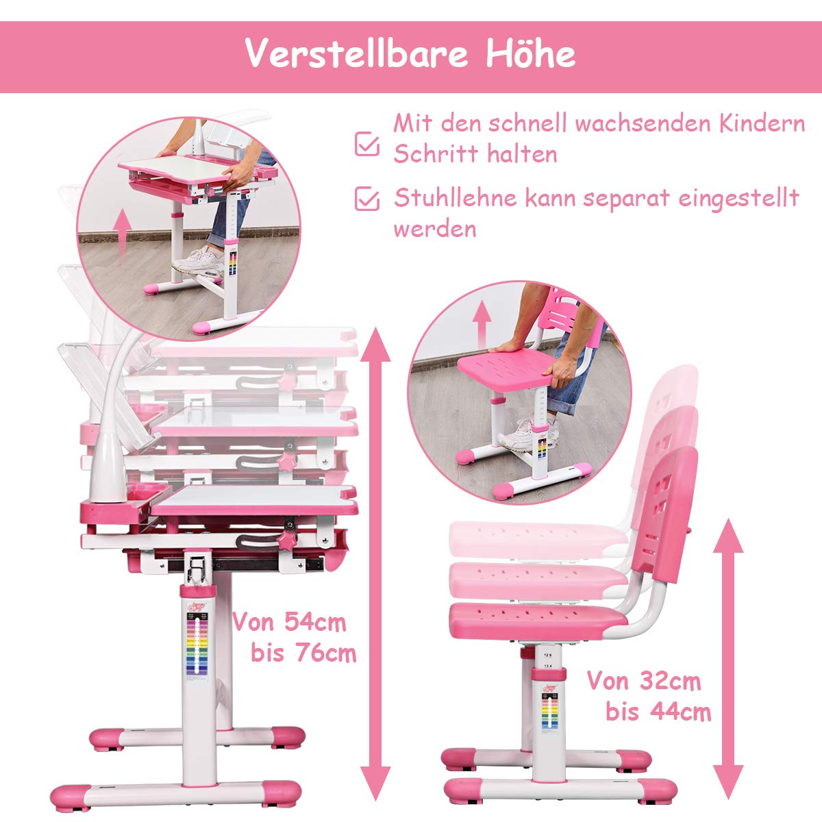 COSTWAY Set Scrivania e Sedia per Bambini 3-12 Anni, Altezza e Angolo Regolabile e Multifunzionale, Con Lampada di Protezione per gli Occhie Cornice per la Lettura (ROSA)