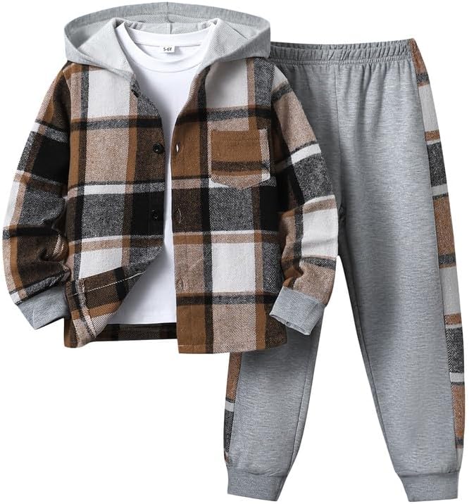 Kids Boys 2Pcs Clothes Plaid Hooded Shirt and Jogger Pants Set 4-12 Years