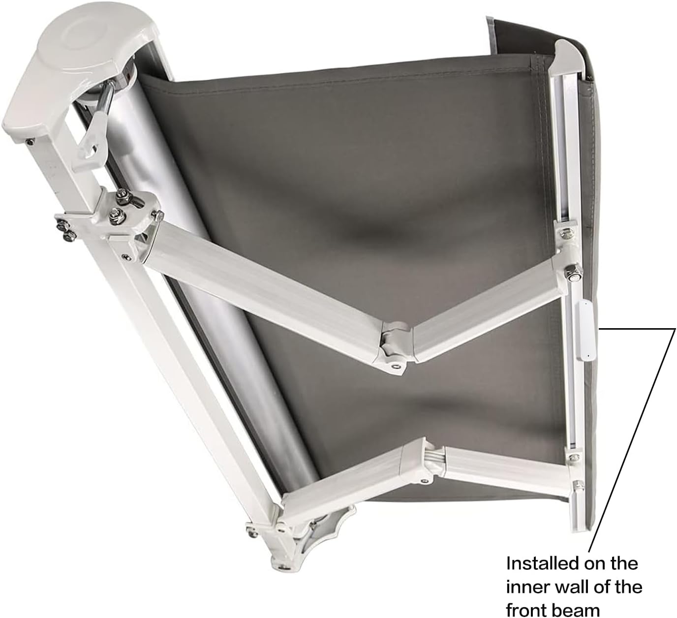 Dooya DC510 sensor installed on the inner wall of an awning's front beam
