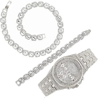 3PC Watch + Necklace + Bracelet Bling-ed Out Tennis Chain Bracelet with Oblong Iced Look Hip Hop Watch Set Diamond Gold Jewelry Set