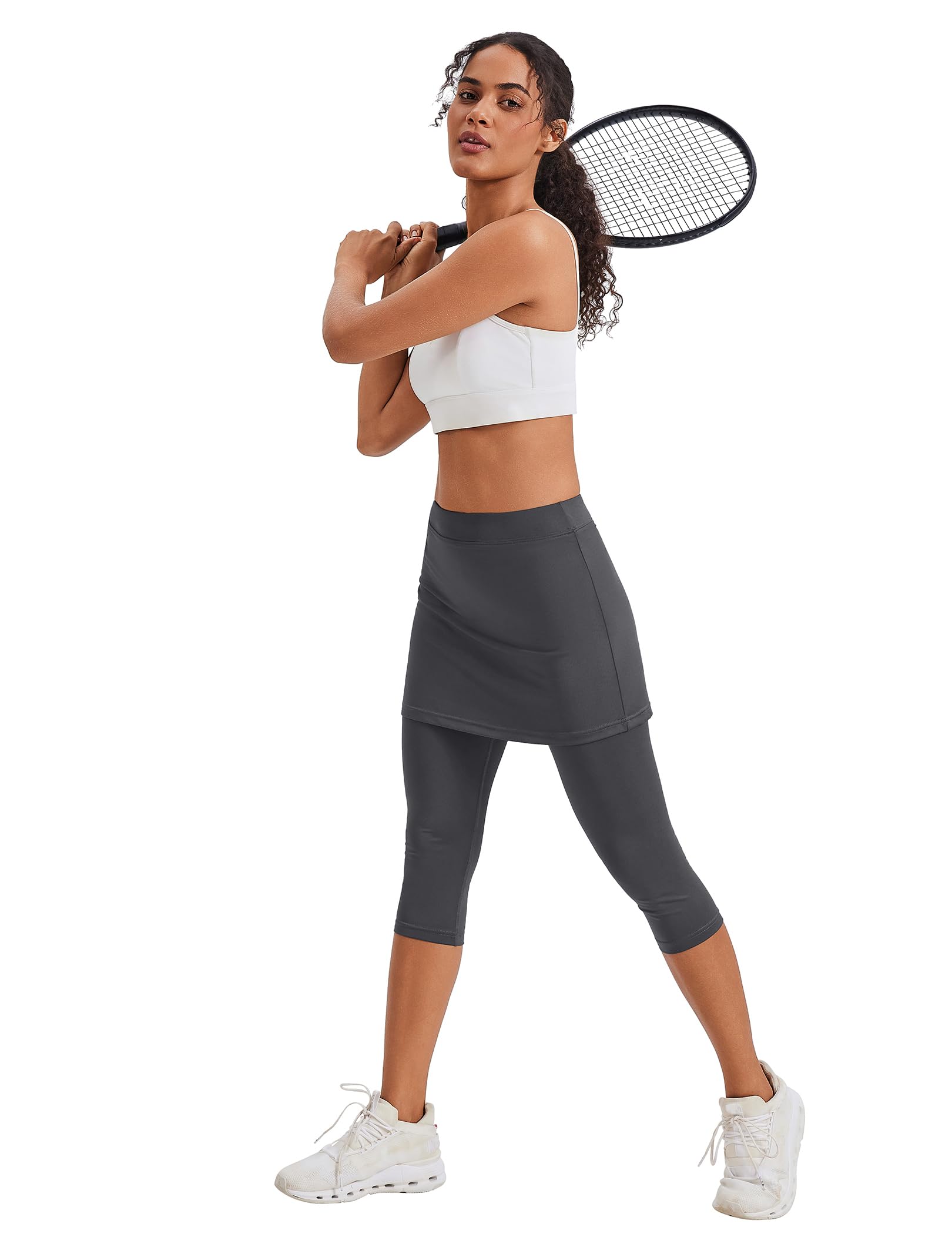 PINSPARK Jupe de Tennis pour Femme, Taille Haute, Short intégré sous Le Genou, Culotte 2 en 1, Jupe-Short de Course, Pantacourt Moulant, Pantalon de Yoga 3/4 avec Poches et Sortie pour écouteurs