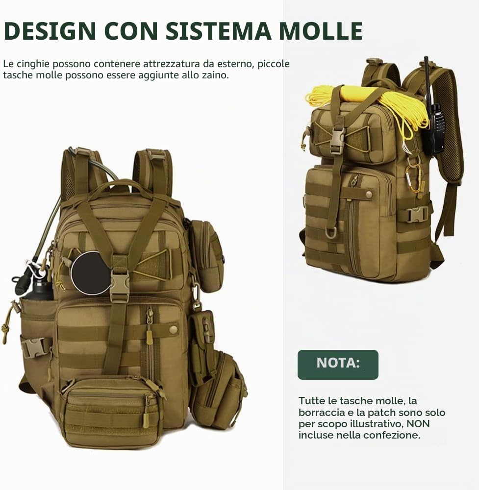 HUNTVP Zaino Militare 30L, Zaino Uomo Sportivo Tattico 30 Litri per Viaggio Trekking Ciclismo All'aperto Campeggio Escursionismo,Marrone