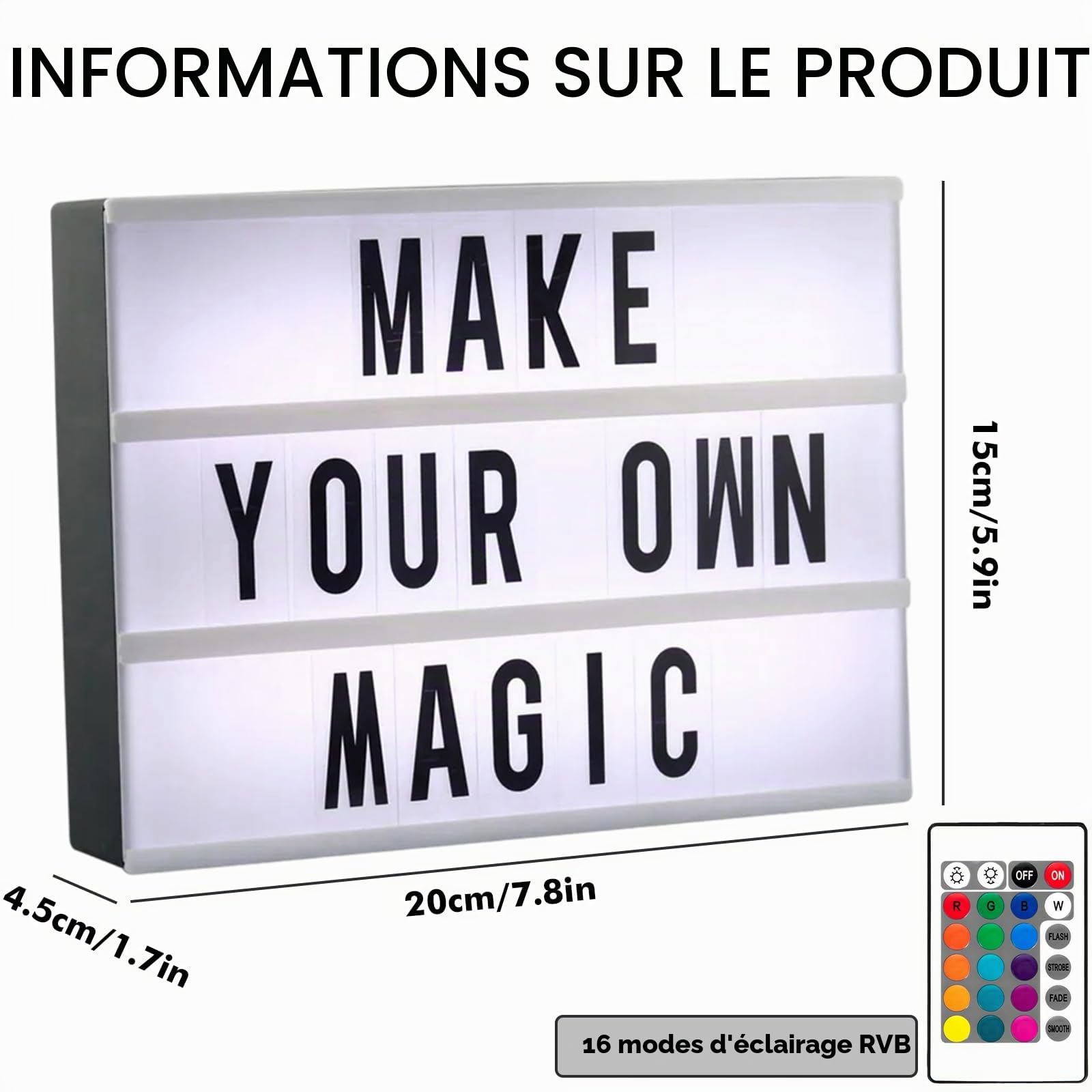 Boîte lumineuse LED avec 16 couleurs changeantes, 4 modes flash, 104 lettres + 88 emojis numérotés, 192 cartes transparentes, boîte lumineuse A5 pour filles et adolescents, mariage, fête