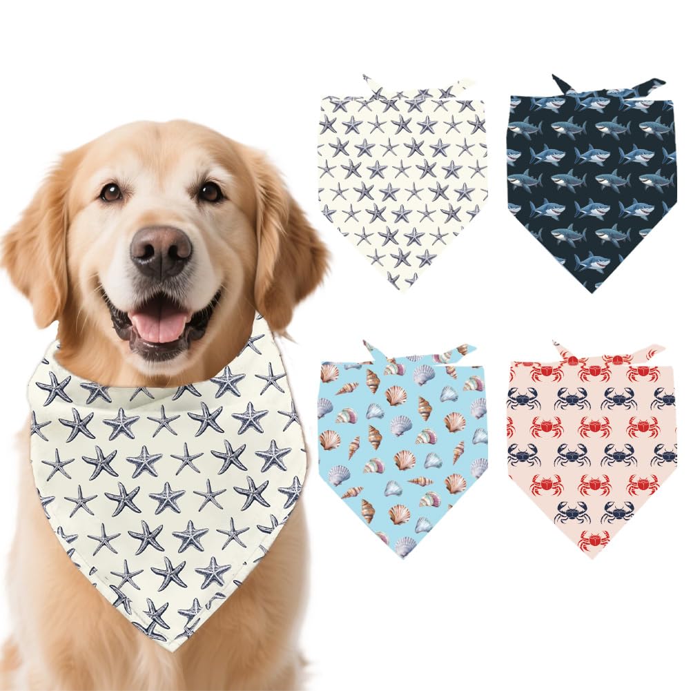 arricraft 4 Pcs Marine Life Polyester Pet Bandanas, Starfish Shell Shark Crab Dog Scarf Washable Triangle Fabric Pet Bandanas for Small Medium Large Cat and Dog Clothing Accessories 26.7x18.9 Inch