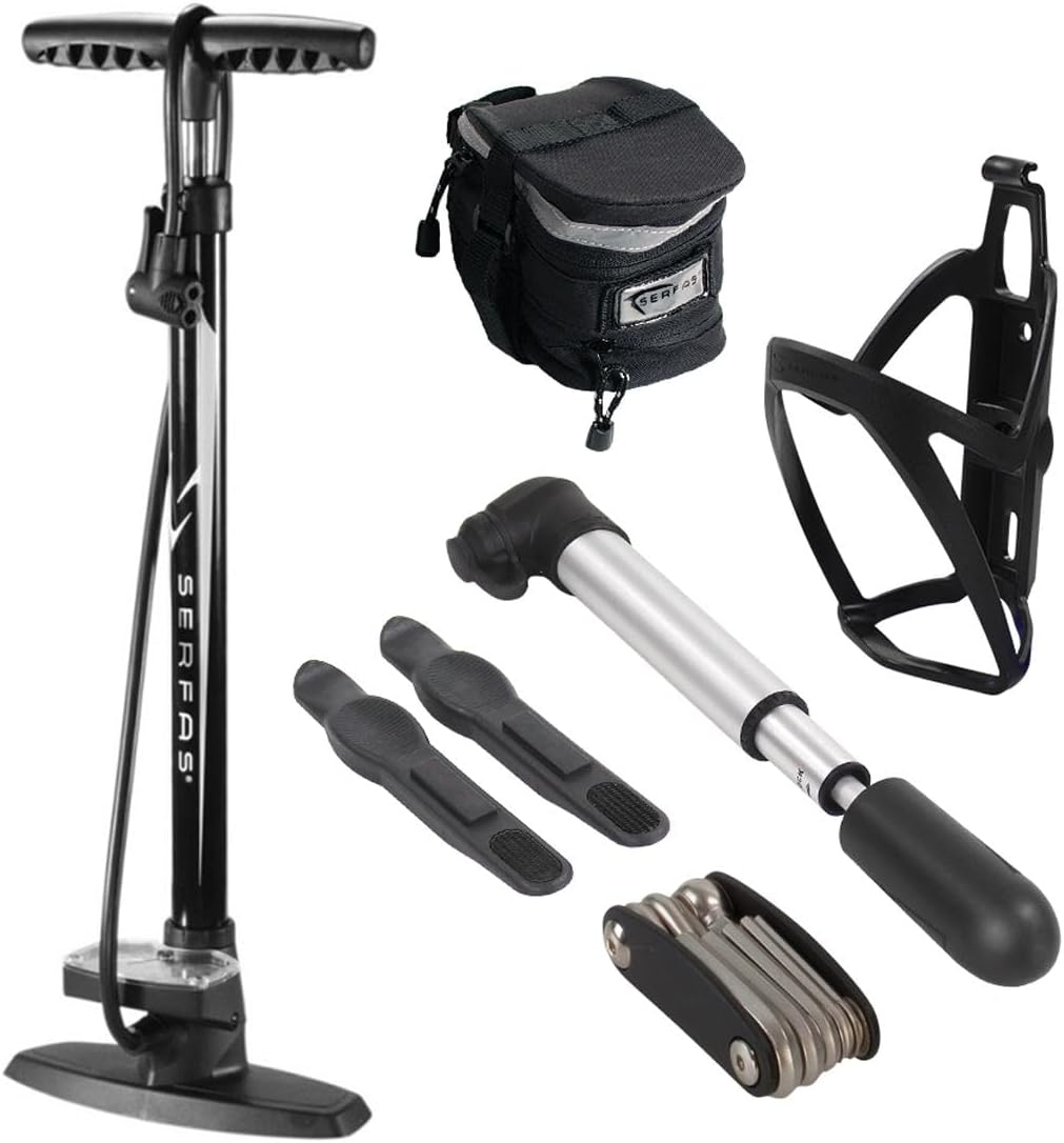 Serfas Bicycle Combo Kit w/Floor Pump/Mini Pump/Tools/Cage/Saddle Bag - CK-6