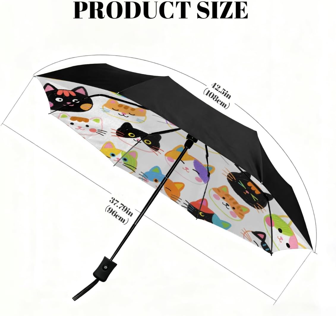 Colorful Hand Drawn Cat Folding Umbrella Windproof Compact Lightweight Travel Umbrella with 8 Reinforced Ribs, Portable UV Sun & Rain Protection for Men & Women