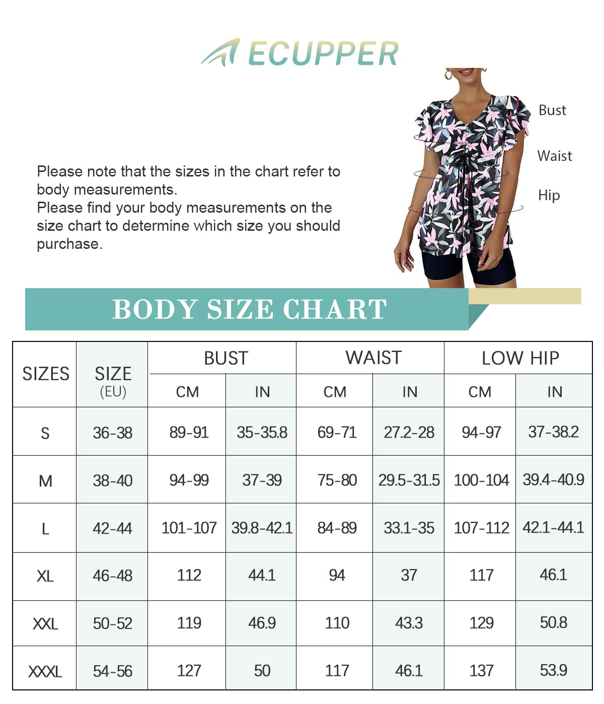 Ecupper Maillot de Bain Femme 2 Pieces Push Up Tankini Set Taille Haute Shorty Col en V Maillot de Bain à Volants