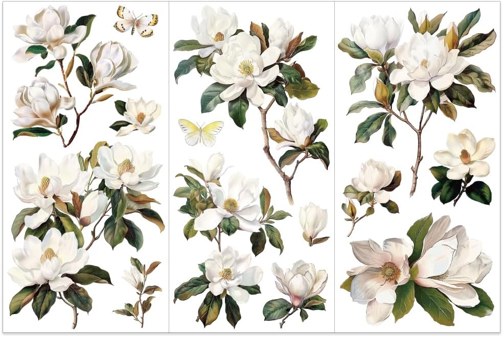 OLYCRAFT 3pcs/Set White Magnolia Rub on Transfers for Crafts and Furniture 6x12 inch Flower Decor Transfer Stickers Vintage Floral Transfers for Wood Furniture Scrapbooking Home Decorations