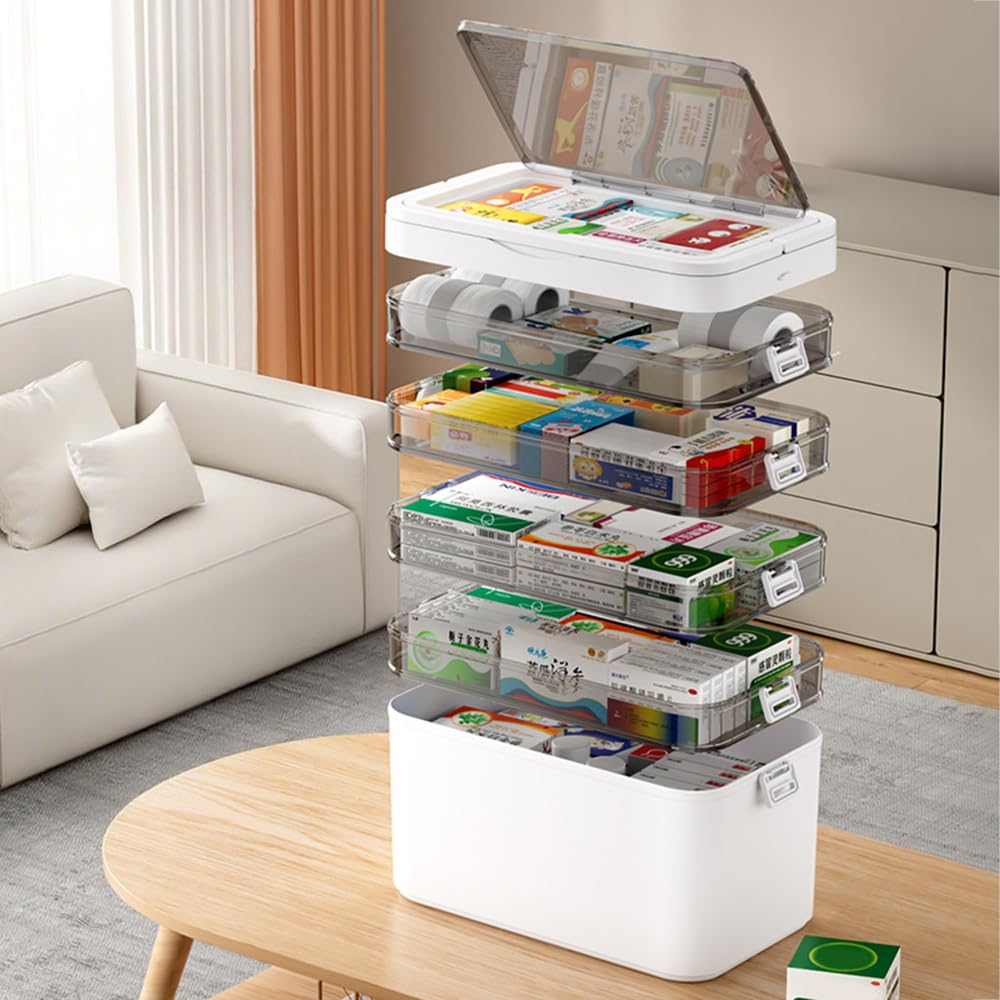 6-stöckige Medizin-Aufbewahrungsbox mit Griff, tragbare leere Medikamentenbox, Erste-Hilfe-Kasten mit feuchtigkeitsbeständigem und lichtblockierendem Material, großer Medizin-Organizer für