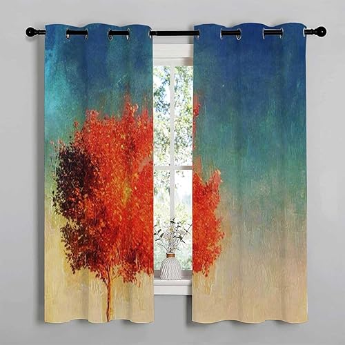 Miniatura 2 de Cute Blackout Curtains for Bedroom Tree Oil Painting Grommet Short Soundproof Door Cover Cortinas para Ventanas De Cuarto 72Inch Width by 85Inch