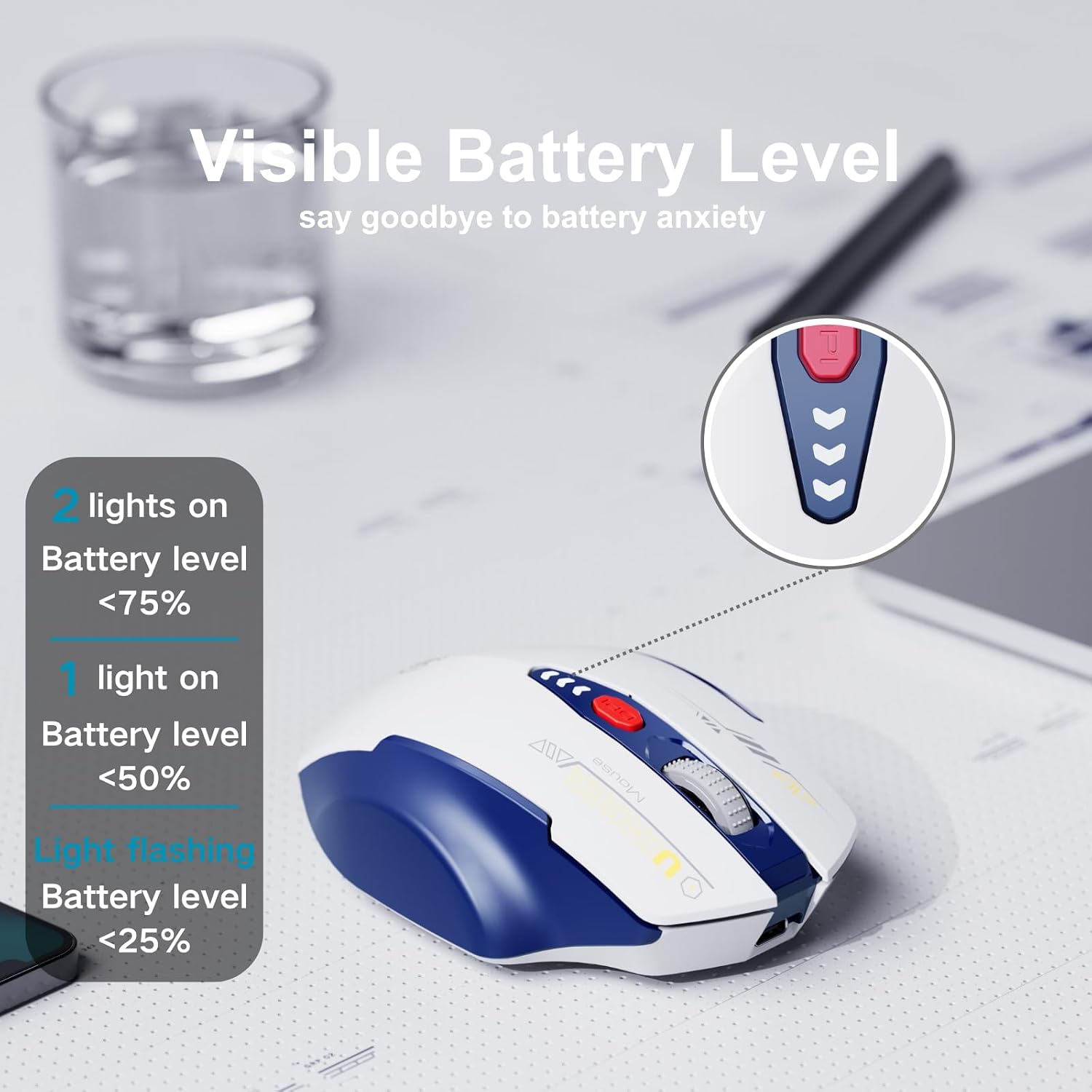 Uineer Wireless Mouse, [Upgraded] Visible Battery Display，Rechargeable Laptop Mice 2.4G USB, 4 Adjustable DPI Levels,Optical Ratón Wireless for Laptop PC Computer,White and Blue - 3