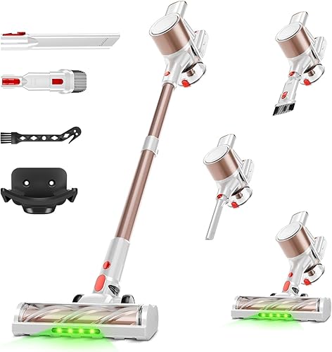 Cordless Vacuum Cleaner, 500W/40Kpa Vacuum Cleaners for Home, Stick Vacuum Cordless with LED Display, Anti-Tangle & Wall Mount, 8 in 1 Lightweight Vacuum for Hard Floors Pet Hair(Gold)