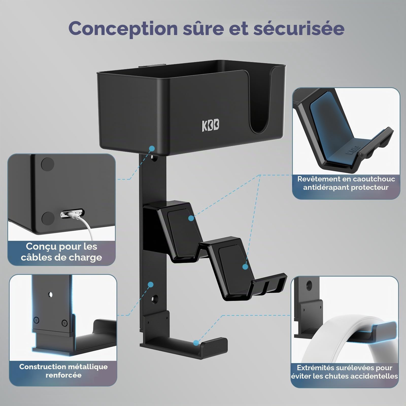KDD Support Mural pour Manette 4-en-1, Support Contrôleur Double et Support Casque avec Patins Antidérapants, Rangement de Manette Amovible pour PS5 PS4 avec Organisateur de Bureau pour Bureau Chambre