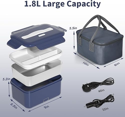 Miniatura 4 de Lonchera calentada, calentador de alimentos, lonchera eléctrica rápida de 100 W, lonchera de calefacción portátil de 1.8 L, lonchera eléctrica