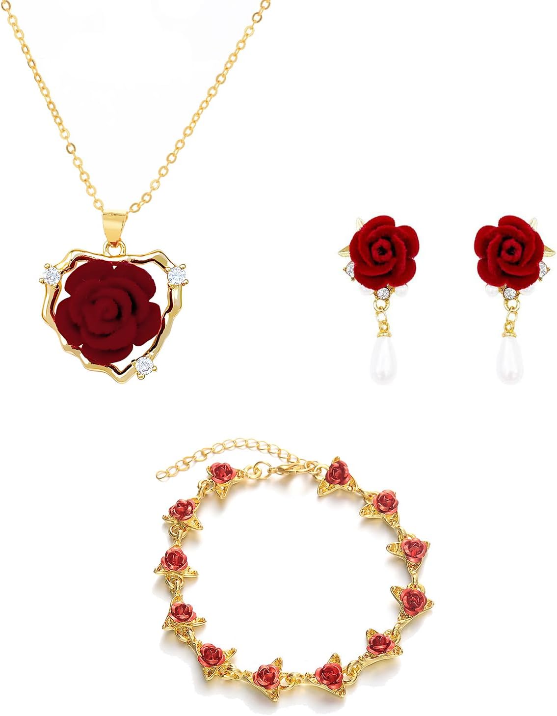 3 Pcs Red Rose Jewelry Set for Women Trendy Dainty Rose Flower Pendant Necklace Vintage Red Flower Bracelet Dangle Earrings Wedding Valentine's Day Jewelry