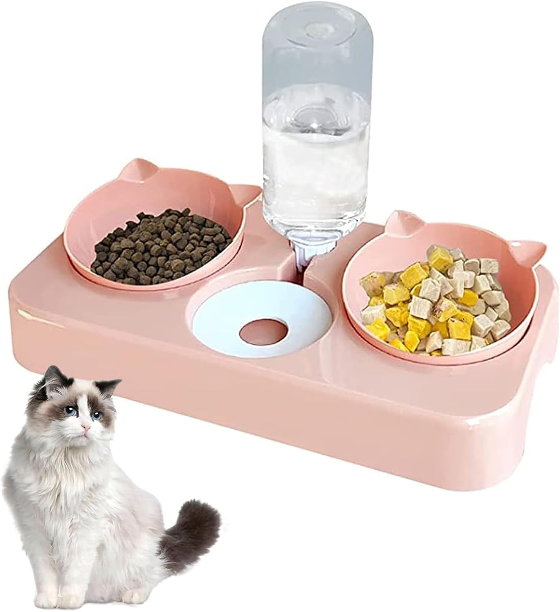 Cat Food Bowl, Cat Food and Water Bowl Set, Automatic Gravity Water Outlet Design, Dry and Wet Separation, Anti Vomitting, Whisker Fatigue, Removable for Cleaning (Pink)