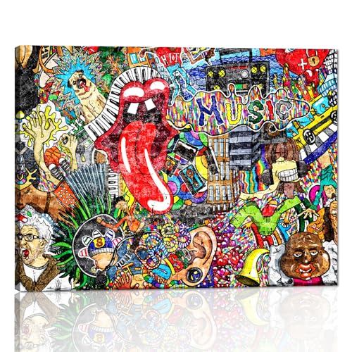 Yatsen Bridge Graffiti Painting on Canvas Wall Art Colorful Doodle Picture Music Party Collage on Brick Wall Posters and Prints Modern Contemporary Home Decor for Living Room, Pub, Bar, 12x16 inch