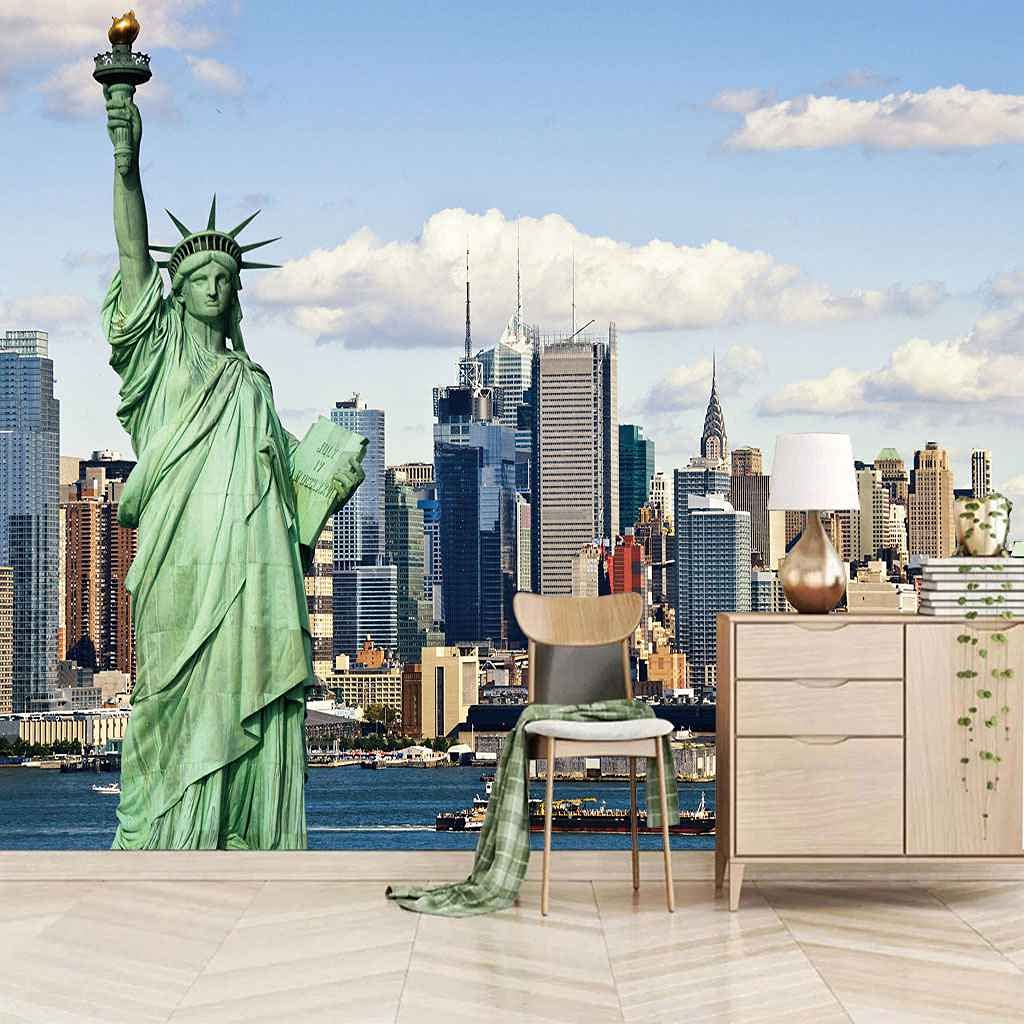 Papier Peint Panoramique Ville et Statue 3D en Canevas Auto-adhésif Salon TV 250x175 cm