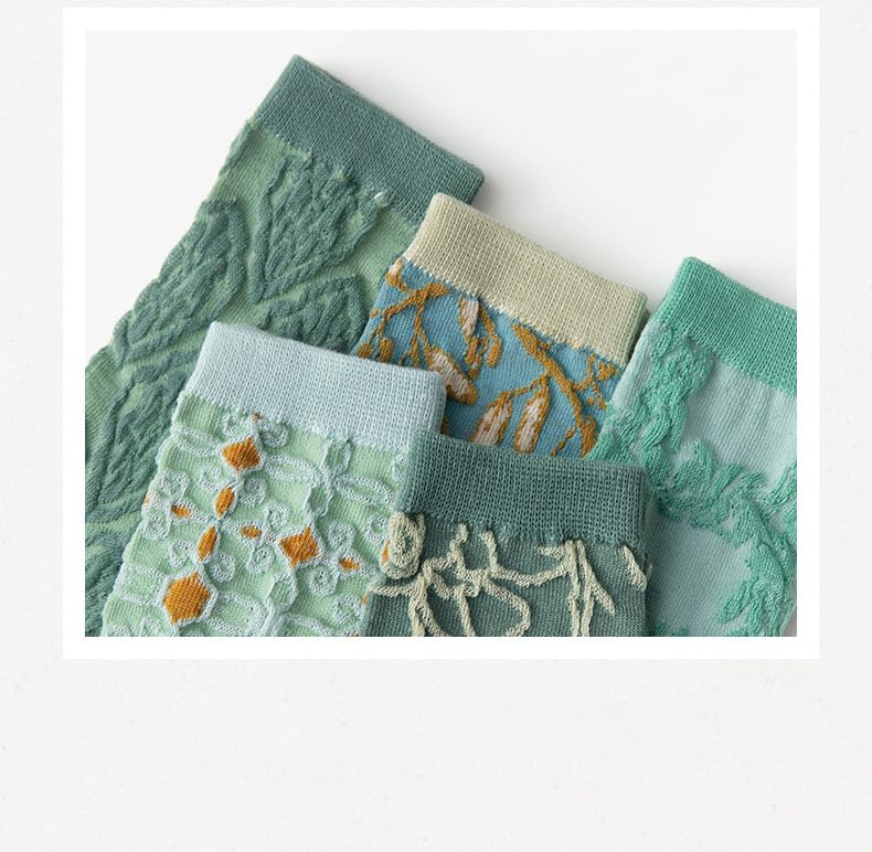 5 Pairs Charming Vintage Embroidered Floral Crew Socks for Women - Combed Cotton Elegance Size5-83