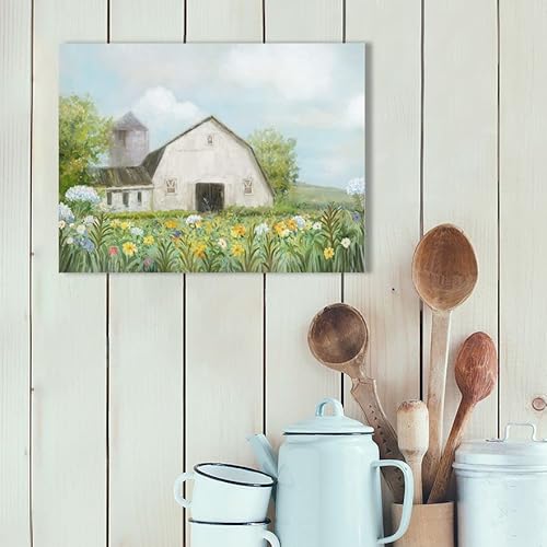 Yelash Old Barn Pictures Wall Art, Rustic Farmhouse Wall Decor For Living Room, White Barn Canvas Art Colorful Flowers Country Landscape Painting Poster For Home Decoration (10"X15") #TOP2