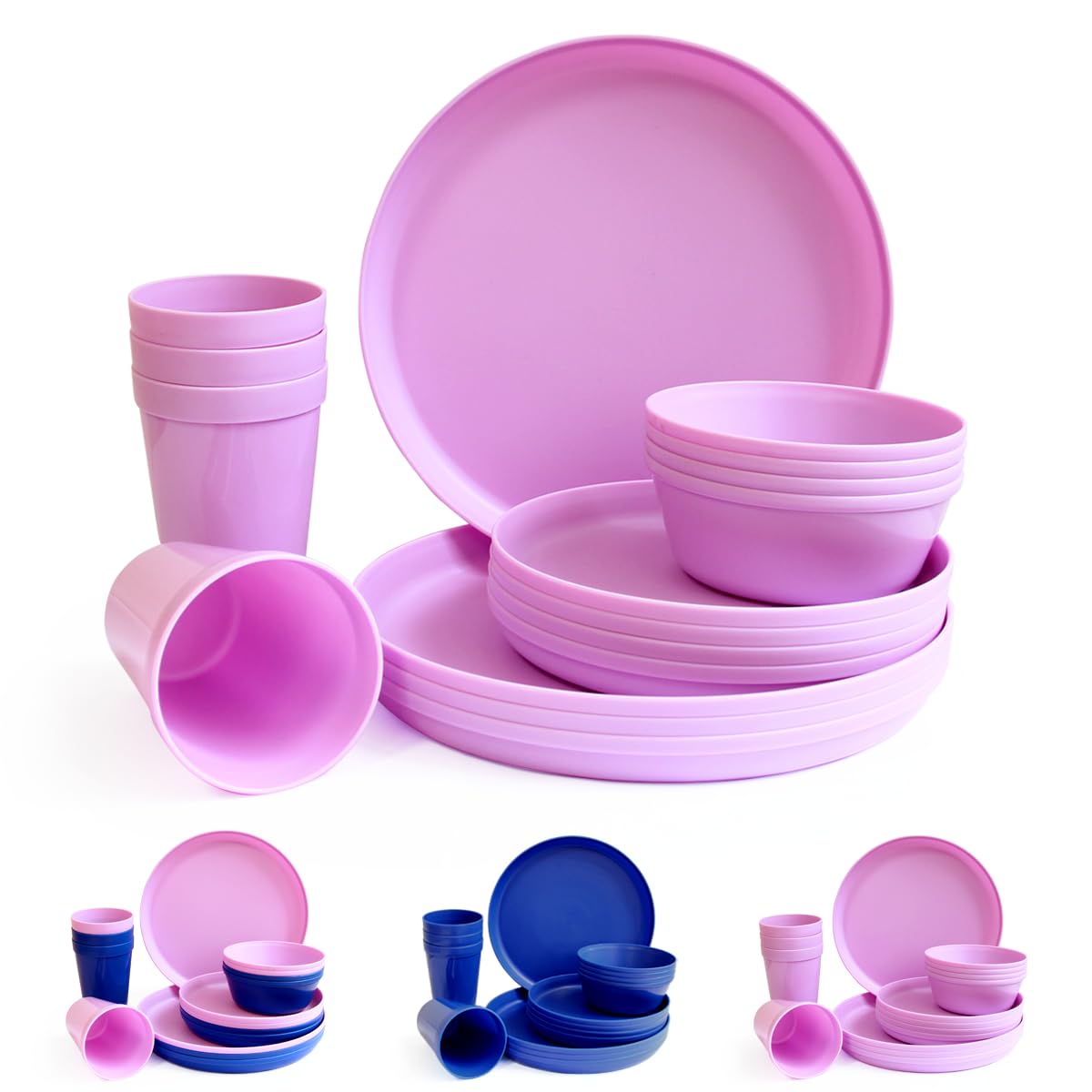Fingey Plastic Dinnerware Set of 16 Pieces, Reusable Light Weight Plates Mugs Bowls Dishes Microwave Safe BPA Free Dishwasher Safe Service for 4 (Purple)