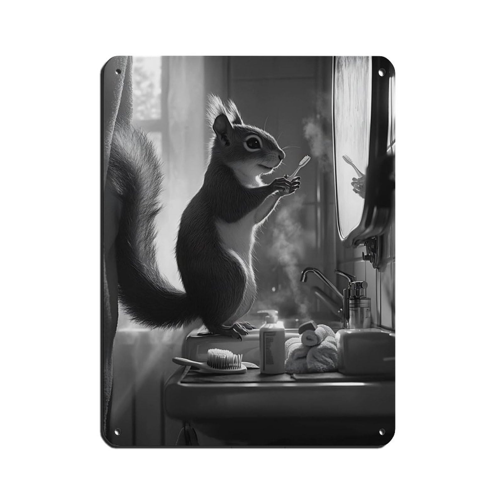 Lxwnze 30L X 40W Cm Adorable Squirrel Brushing Teeth Tin Sign Vintage Metal Pub Club Cafe Bar Home Wall Art Decoration Poster Retro 12X16inch(30X40cm)
