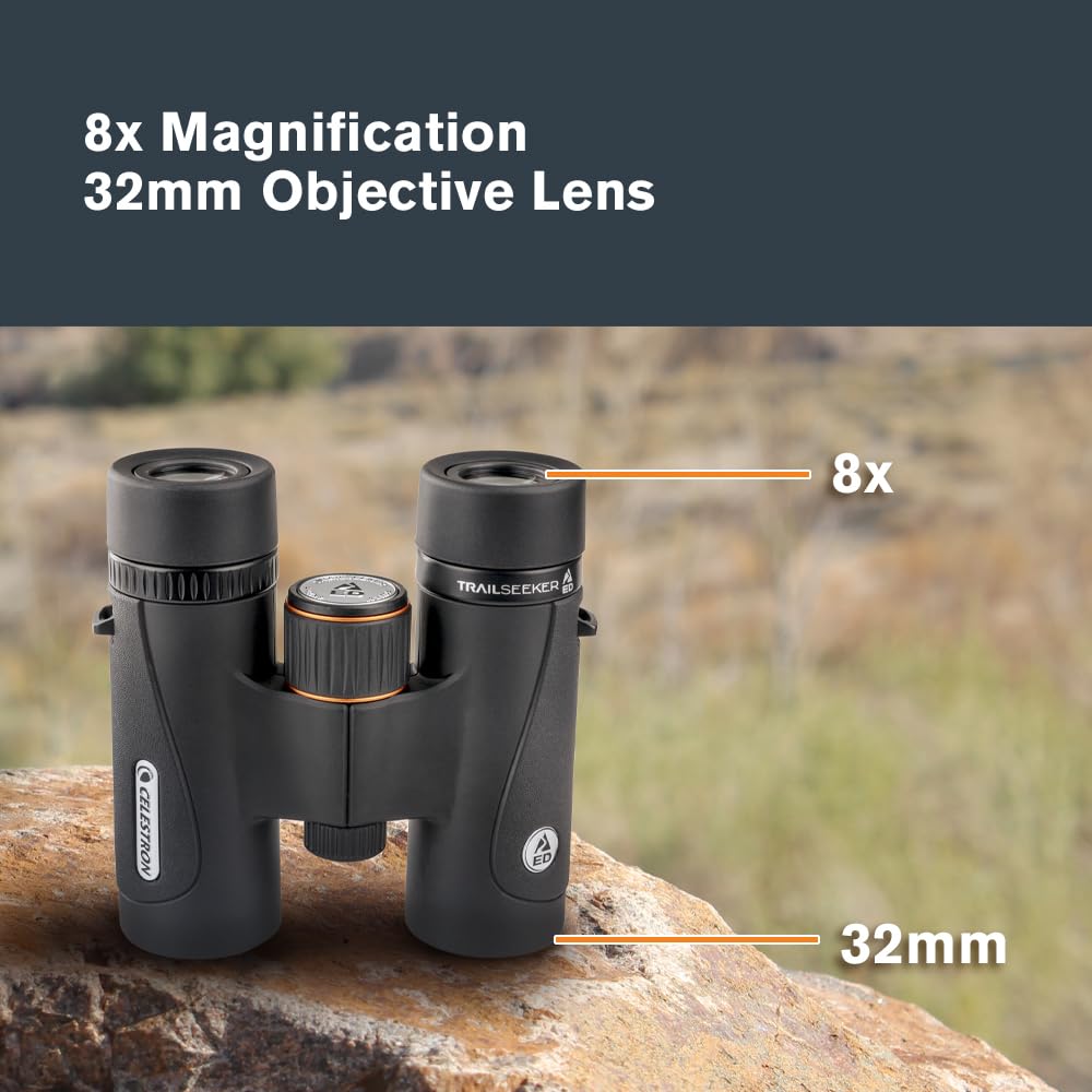 Celestron 71401 TrailSeeker Ed 8 x 32 Roof Prism Binocular, Fully Broadband Multi-Coated Lens, BaK-4 Prism Glass - Black