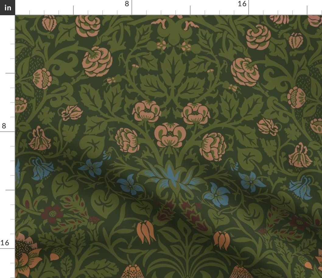 Spoonflower Fabric - Art Nouveau William Morris Arts and Crafts Antique Green Cottagecore Printed on Petal Cotton Fabric Fat Quarter - Sewing Quilting Apparel Crafts Decor