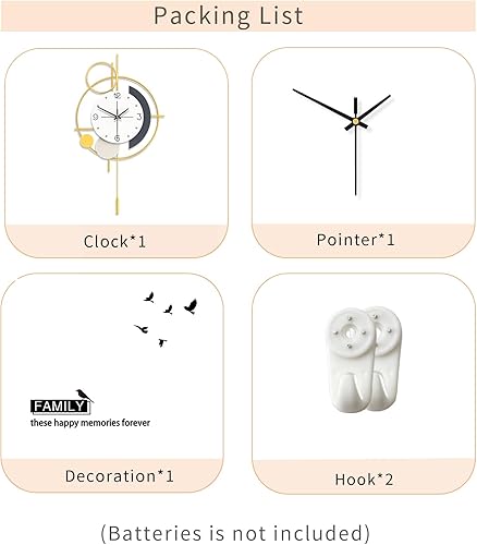 Miniatura 7 de FLEBLE Reloj de pared moderno con péndulo, silencioso y decorativo, funciona con pilas, reloj grande único dorado para sala de estar, cocina,
