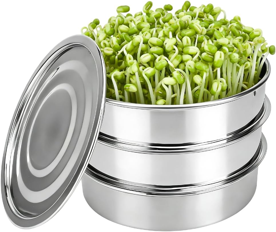 AKAZA 9" Stackable Stainless Steel Seed Sprouting Kit, 3-Tier Mesh Sprouting Tray,1 Base and 1 Cover Lid, Microgreens Propagator for Beans Peas Broccoli Wheat Grass (Clear)
