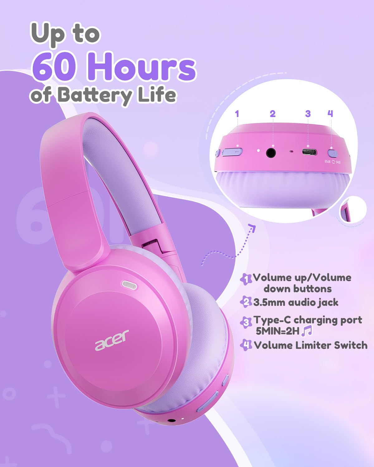 Acer Cuffie Bluetooth per Bambini, Volume Limitato a 85/94 dB(Rosa)