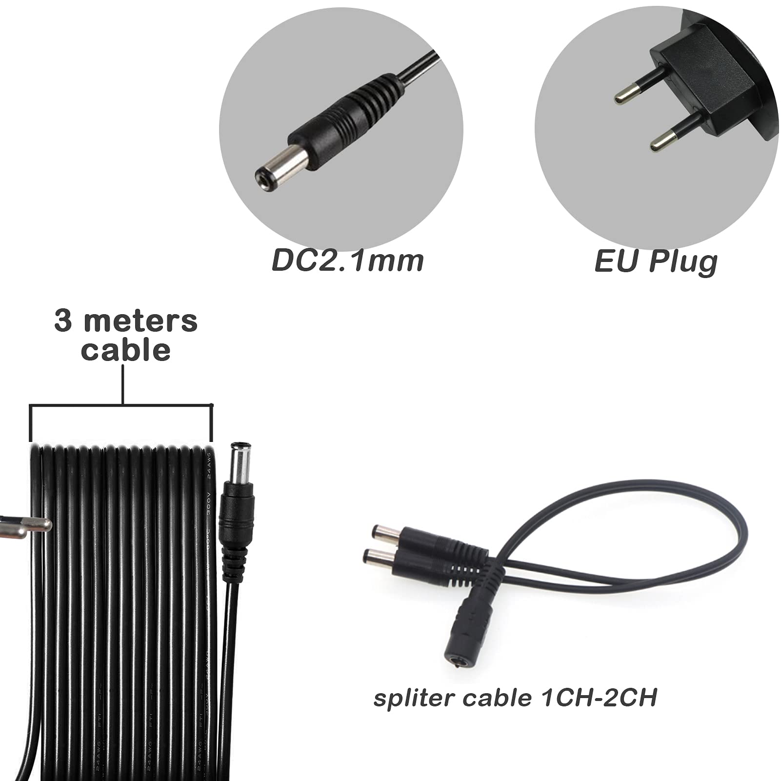 WiTi Alimentatore 12V 2A - Convertitore AC 100-240V 50-60hz a DC - Adattatore Con Cavo da 3 Metri Spina EU 5.5 mmx2.1mm