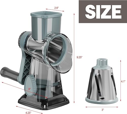 Miniatura 9 de Rallador de queso con 3 cuchillas intercambiables, rallador giratorio de queso, rebanador manual de verduras con base de succión antideslizante,