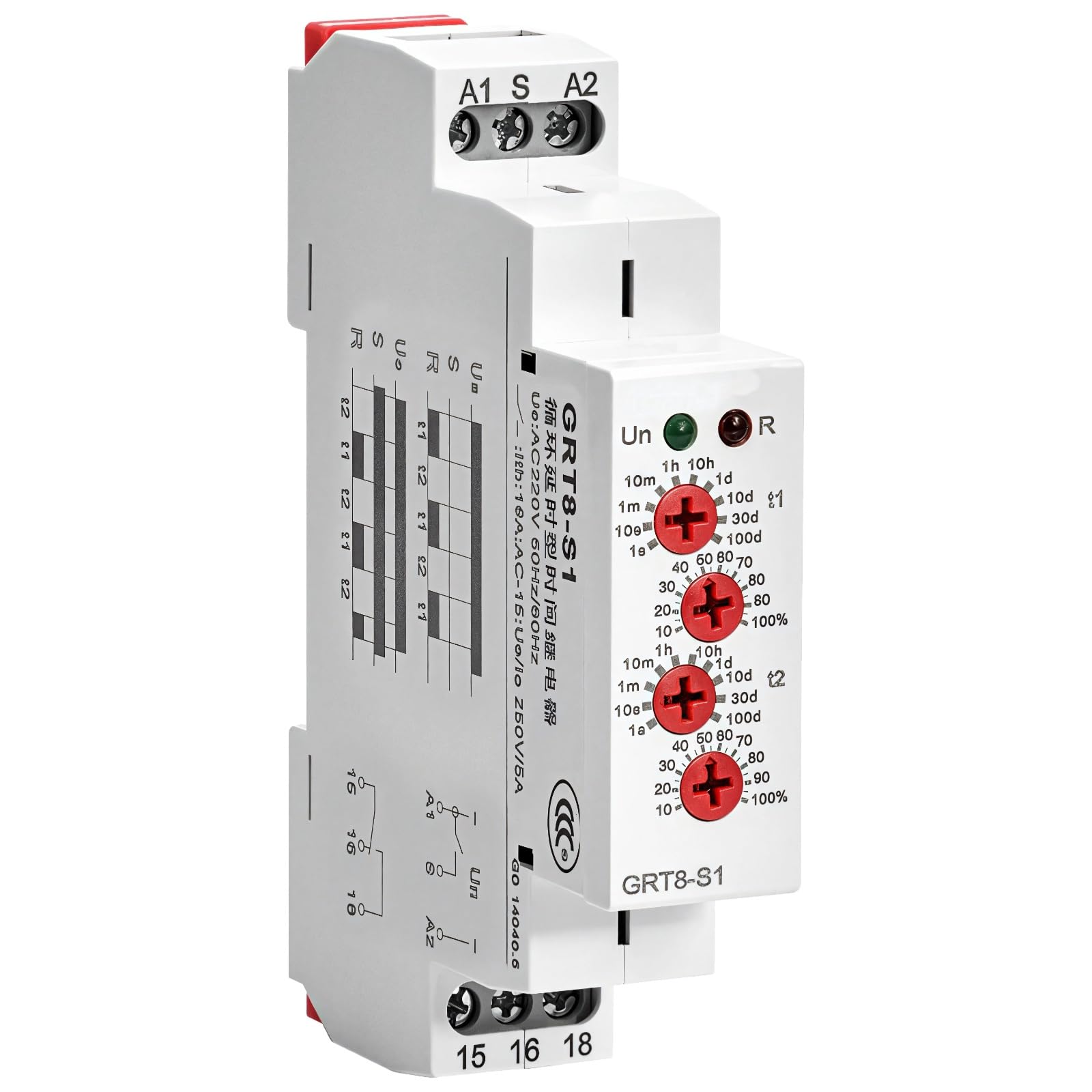 Geya Grt8-S1 Zeitverzögerungsrelais, einstellbarer doppelter Zeitzyklus für 120 Vac, AC/DC 12–240 V, passend für 35-mm-Schiene, ideal für Steuerungssysteme