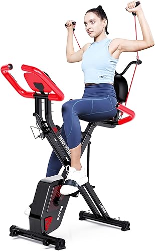 pooboo - Bicicleta estática plegable, bicicleta fija para fitness, de interior, magnética, resistencia ajustable de 8 niveles, soporte de botella y
