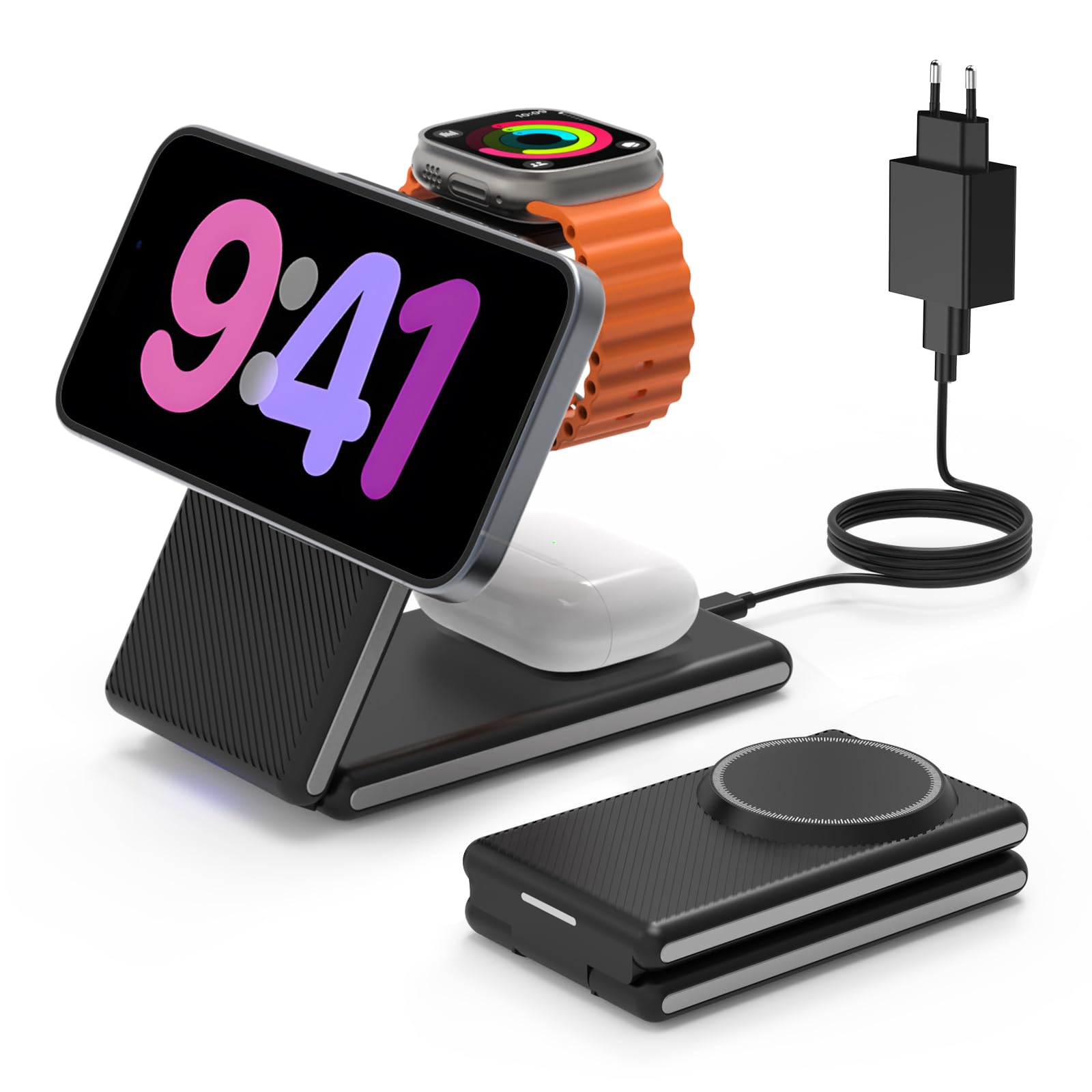 CIYOYO 3 in 1 Stazione di ricarica a induzione magnetica pieghevole per iPhone 16/15/14/13/12, per Apple Watch 10/9/8/7/6/SE/5/4/3/2, caricatore wireless compatibile con AirPods Pro/4/3/2