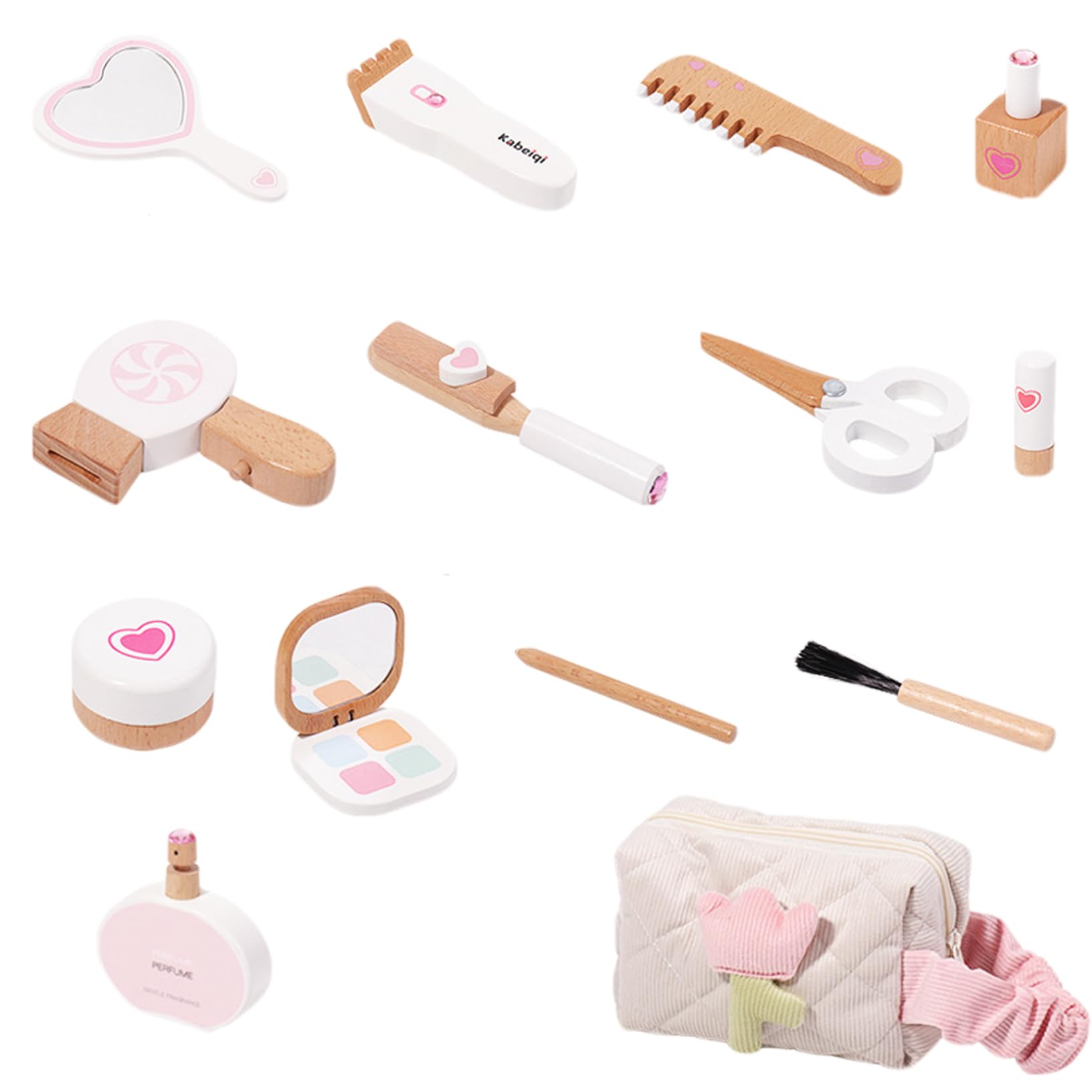 Set di giocattoli per il trucco in legno Kit per il trucco finto con ferro arricciacapelli, asciugacapelli, pettine, specchio, rossetto, mascara, profumo e altro Kit educativo per bambini per ragazze