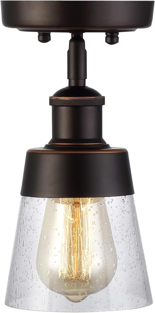 Fivess Lighting Rustic Glass Flush Mount Light Fixture Mini Clear Seeded Glass Shade Semi Flush Mount Ceiling Light for Hallway Farmhouse Kitchen Entryway, Oil Rubbed Bronze