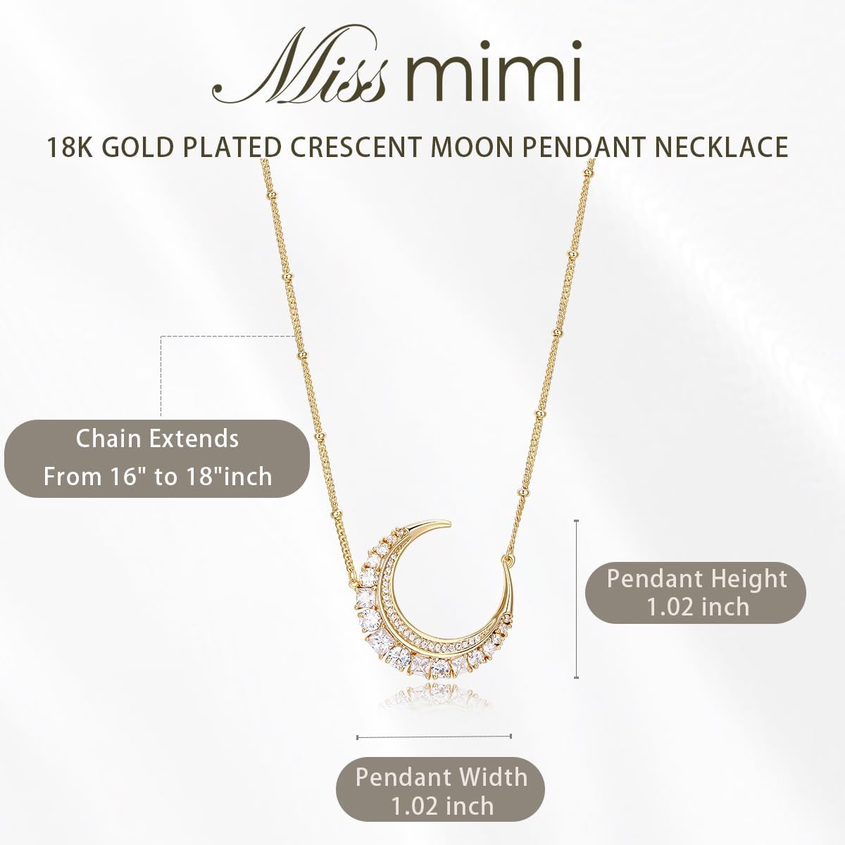 Miss mimi CZ Pendant Necklace, Golden Yellow Princess Cut or Crescent Moon, 18K Gold Plated, Adjustable 16” or 18 + 2”in Chain, Celestial & November Birthstone Citrine Style - Image 3