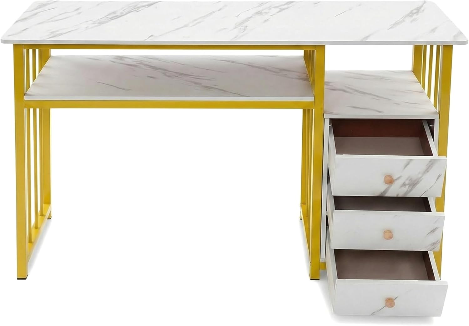 Nail Tech Table with 3 Drawers, Modern Manicure Table with Shelves, Marbling Texture Manicure Desk with Storage for Nail Station Beauty Salon Spa 47x16x30in