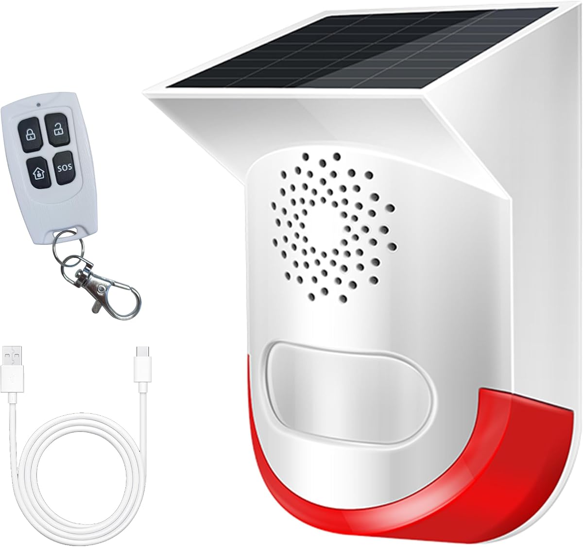 Luz de alarma estroboscópica solar: sistema de llamada inteligente inalámbrico para cuidadores, alerta SOS para enfermeras que llaman a ancianos, sistema de ayuda para caídas, sirena con sensor de movimiento USB, sirena de alarma para exteriores con mando a distancia (1 paquete)